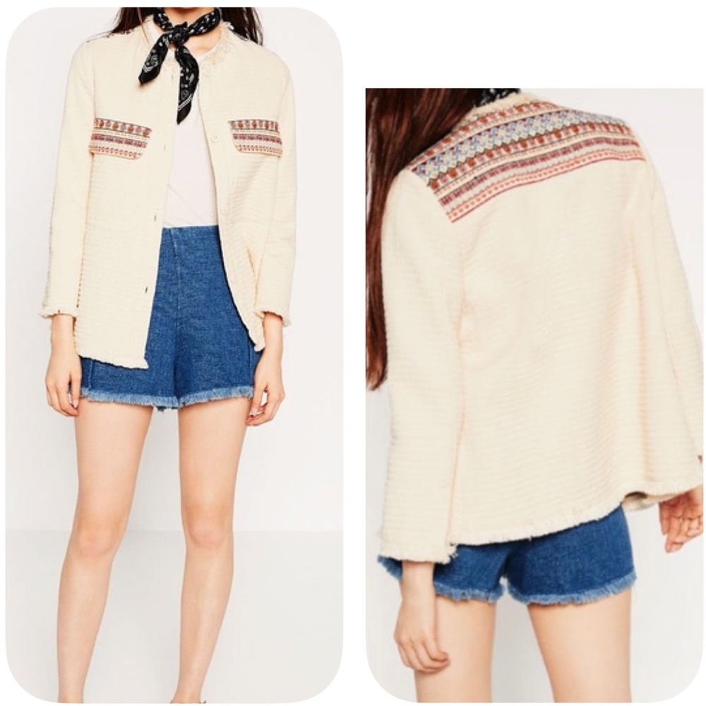 Zara Trf Outerwear Cream Embroidered Jacket